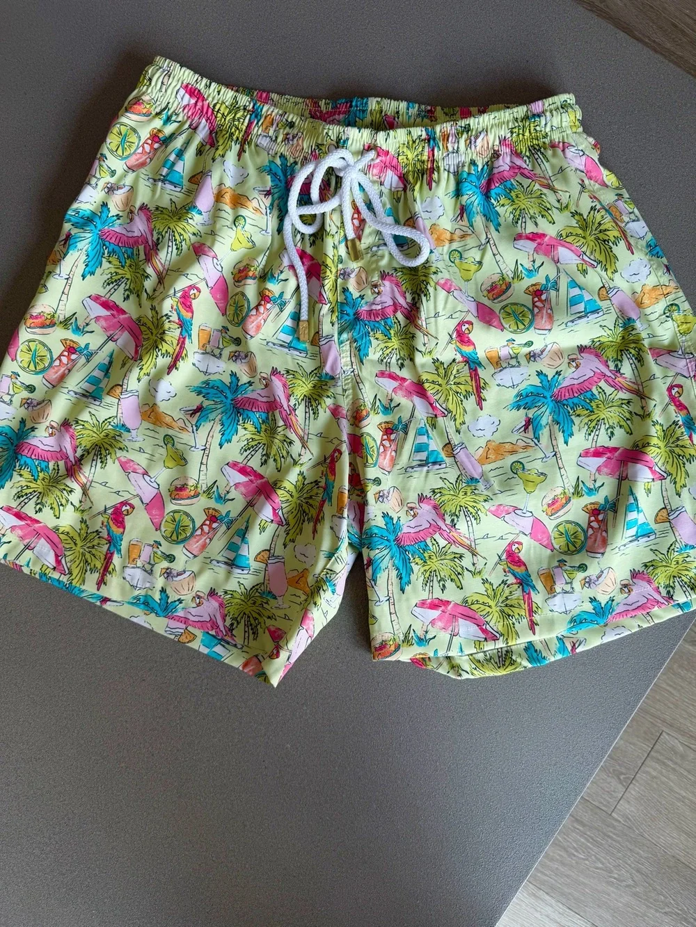 Kenny Flowers Lime Tropical Print Swim Trunks with Pink & Teal Accents